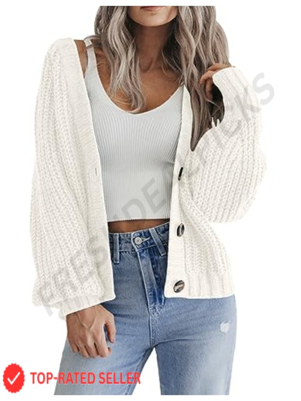 Chunky Knit Button Down Cropped Cardigan Long Sleeve V-Neck Sweater